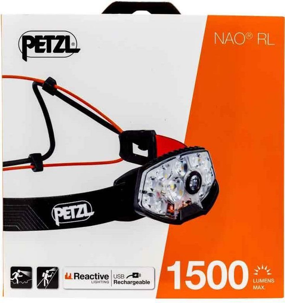 The image shows the retail packaging of a Petzl Nao RL headlamp.
