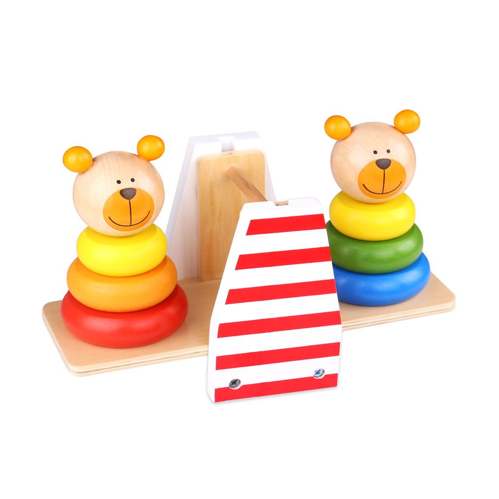 Tooky Toy Steckspiel aus Holz - Bären-Wippe zum Lernen und zur Motorik Schulung Ihres Kindes- mit 6 verschiedenen Steck-Formen und 2 Bären-Köpfc...
