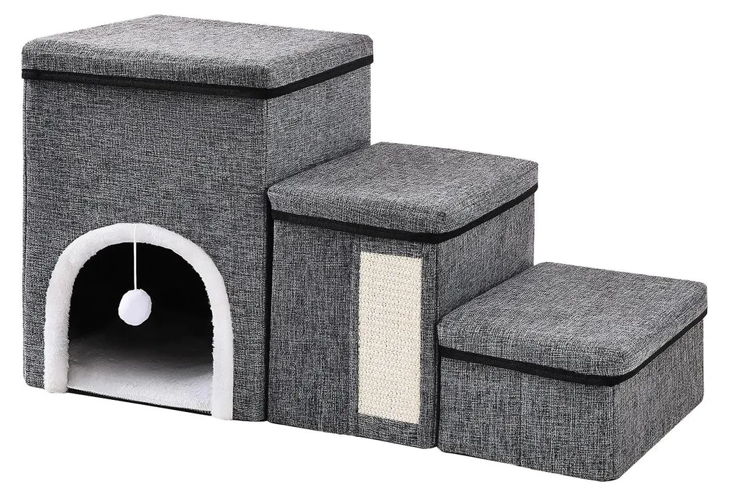 Escalier chien gris foncé pliable 3 marches avec rangement gain de place