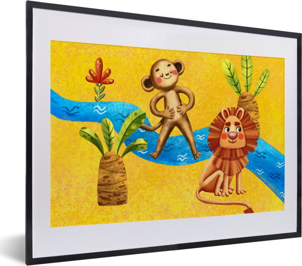 MuchoWow MuchoWow Gerahmtes Poster Affe - Löwe - Dschungel - Wasser 40x30 cm - Poster mit zchwarzem Bilderrahmen - Bilderrahmen - Poster im Ra...