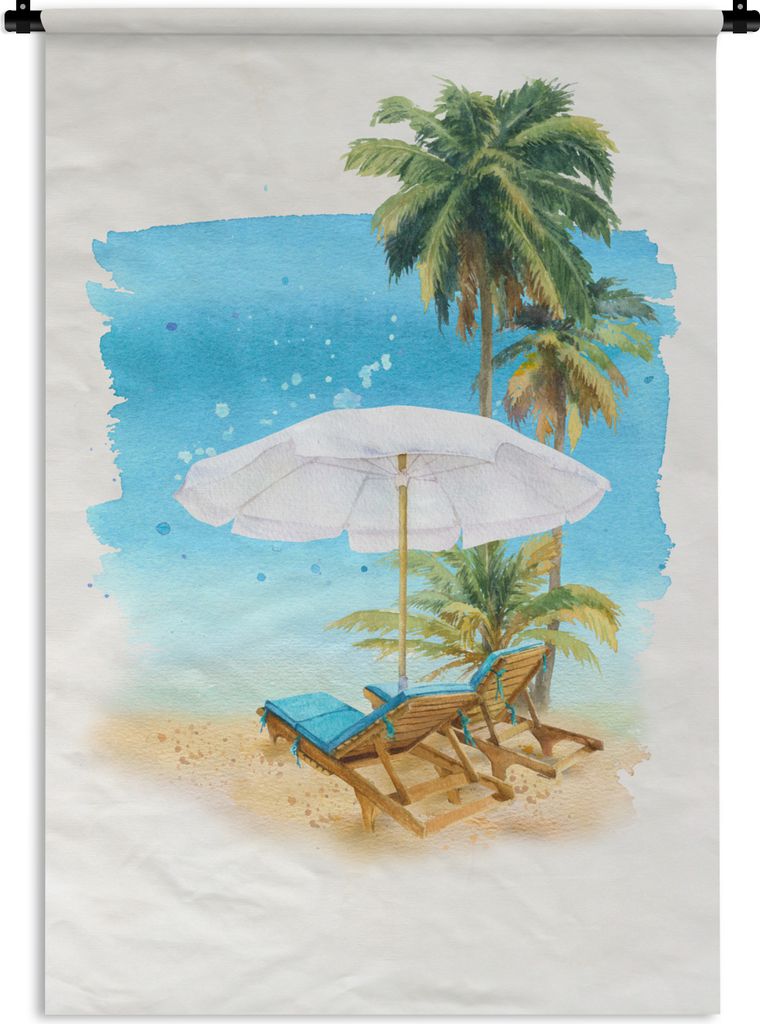 MuchoWow Wandteppich Wandbehang Strandkorb - Sonnenschirm - Palme - Meer 90x135 cm Tapisserie Dekoration Wandtuch - Baumwolle - Wandskulptur