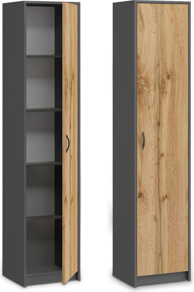 Two views of a tall, narrow cabinet against a white background. The left view shows the cabinet open, revealing shelves. The right view shows the cabinet closed.