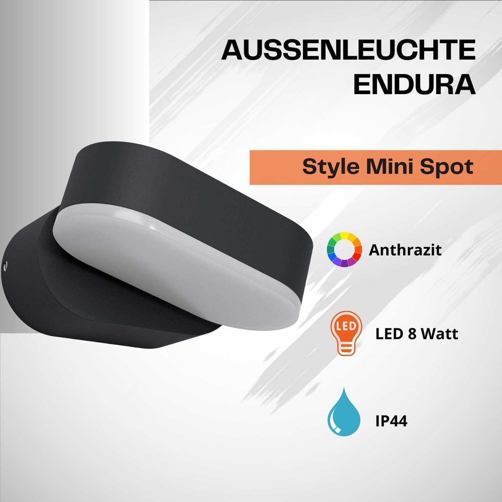 A dark gray outdoor light fixture with a white diffuser, presented with marketing text and icons.