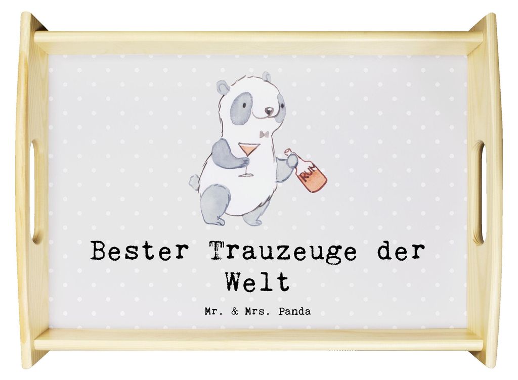 Mr. & Mrs. Panda Sofa Tablett Panda Bester Trauzeuge der Welt - Grau Pastell - Geschenk, Servier, Dankeschön, JGA, serviertablett aus holz, Hochze...