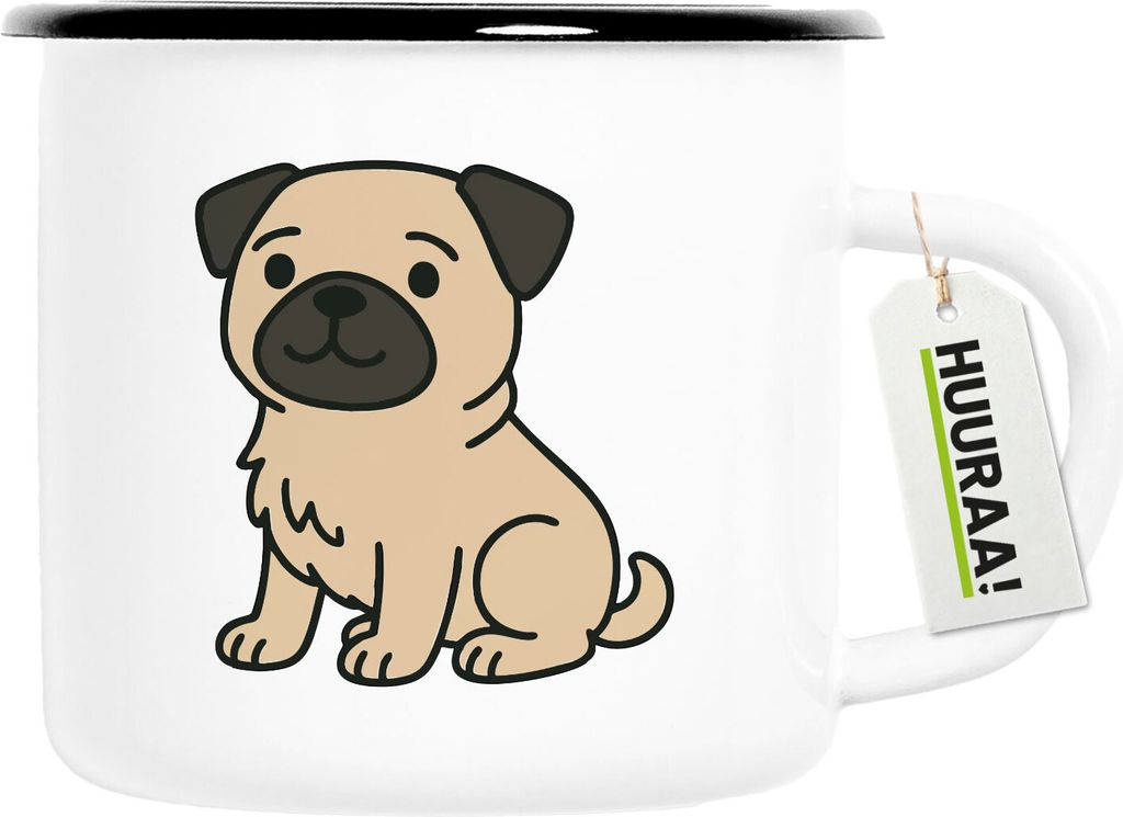 Huuraa Emaille Tasse Mops Pug Comic 300ml Vintage Campingbecher Geschenkidee