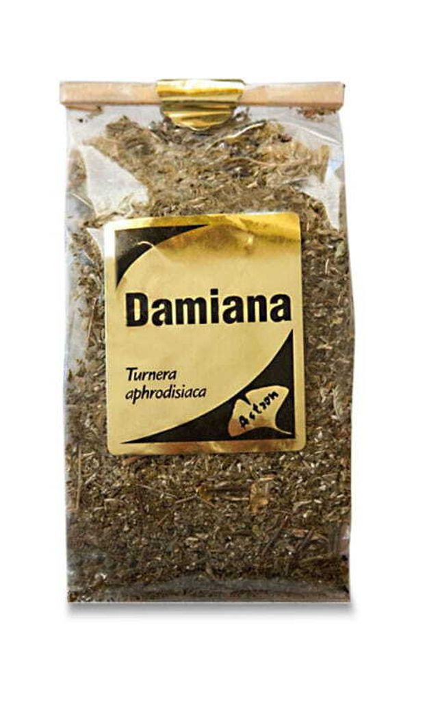 A clear, well-lit studio shot of a bag of dried Damiana leaves.