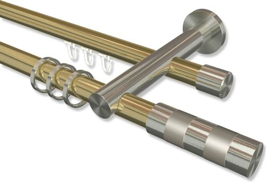 Interdeco Rundrohr-Innenlaufstange, Gardinenstange (Kombination) Messing-Optik / Edelstahl-Optik Modell Platon Mavell, 20 mm Ø 2-läufig, 140 cm