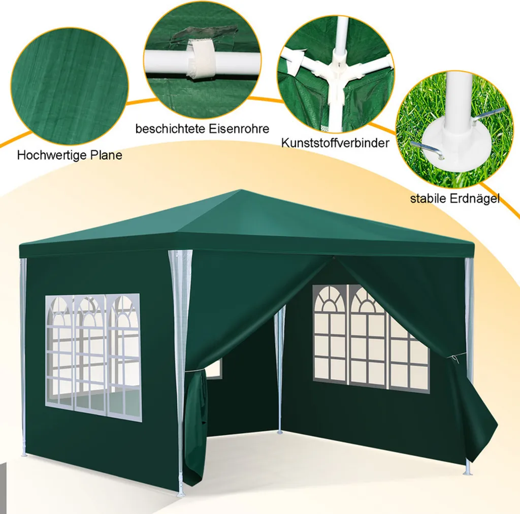 Gazebo da Esterno Hengda 3x3m Verde con Pannelli Laterali Rimovibili - 5