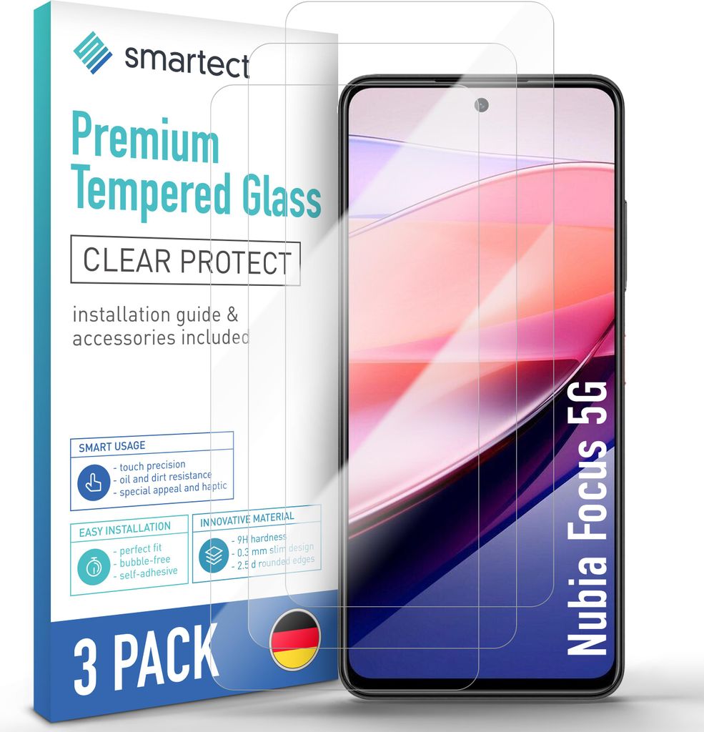 A product package for screen protectors for a Nubia Focus 5G phone, with a phone displaying a screen protector shown next to it.
