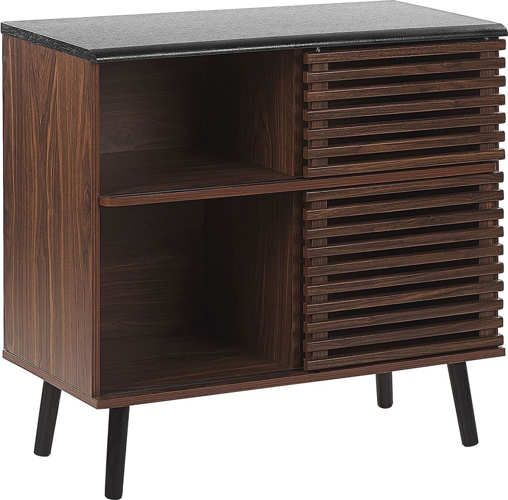 BELIANI Sideboard Dunkler Holzfarbton MDF Platte Massivholz 80 x 80 x 40 cm Rustikal Retro Dunkler Holzoptik 2 Schiebetüre Wohnzimmer