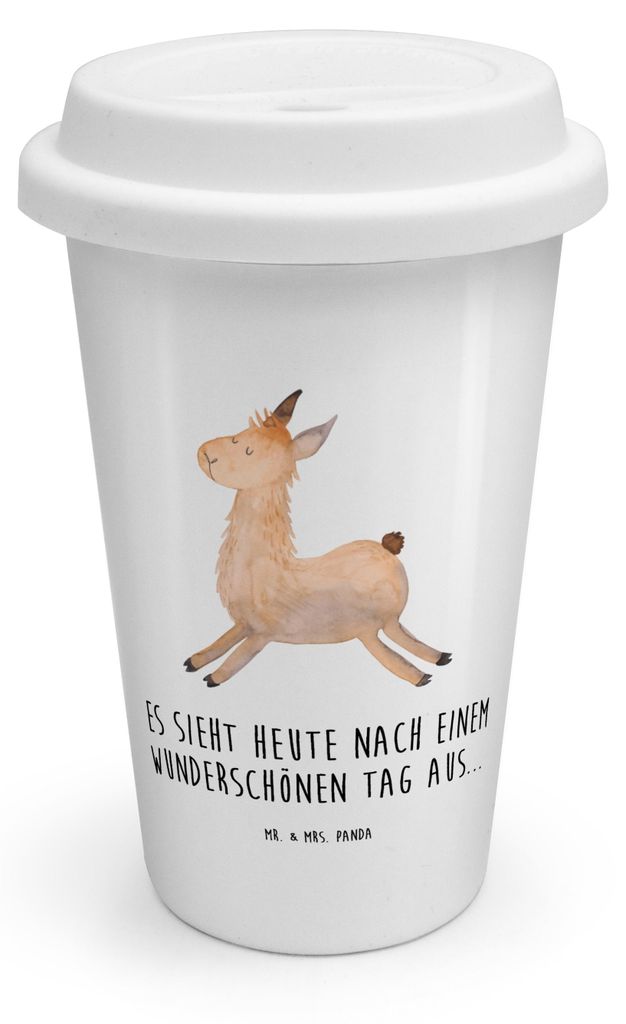Mr. & Mrs. Panda Thermobecher Lama Springen - Weiß - Geschenk, ToGo Kaffeebecher, Guten Morgen, To Go Becher, Coffee, Abitur, Fröhlich, Happy Day...