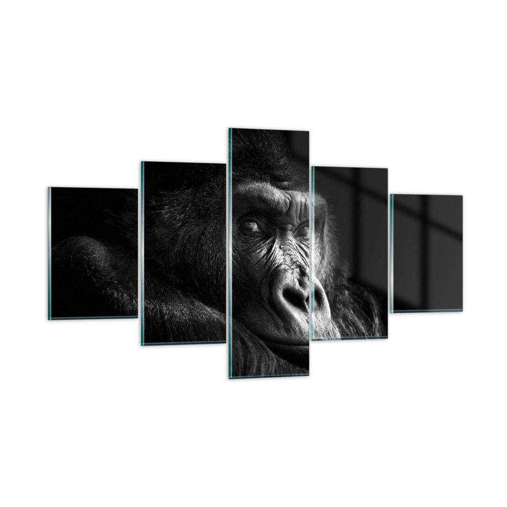 Bilder auf glas - 5 Teile - Affe Gorilla Porträt - 125x70cm - Glasbilder - Wandbilder - Bilder - zum Aufhängen bereit - Wanddekoration aus Glas -...