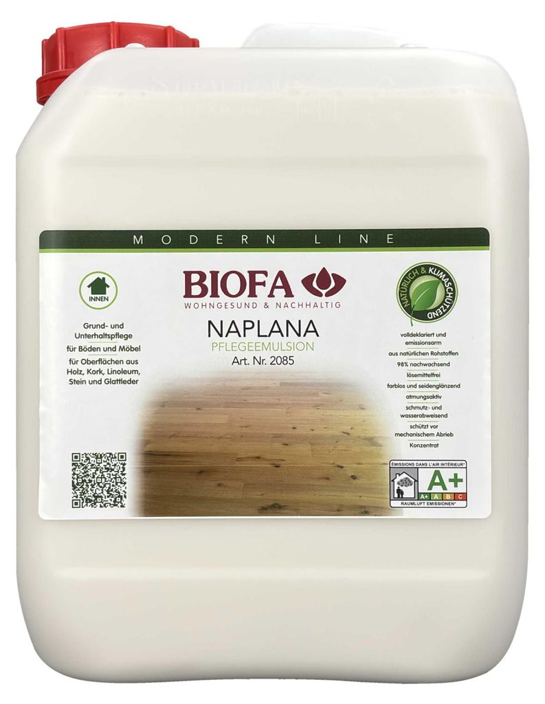 A white plastic container with a label for BIOFA NAPLANA Pflegeemulsion.