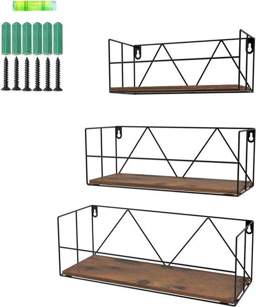 Famanu Wandregal Set aus 3, rustikales Holz und Metall, schwimmende Regale für Badezimmer oder Wohnzimmer