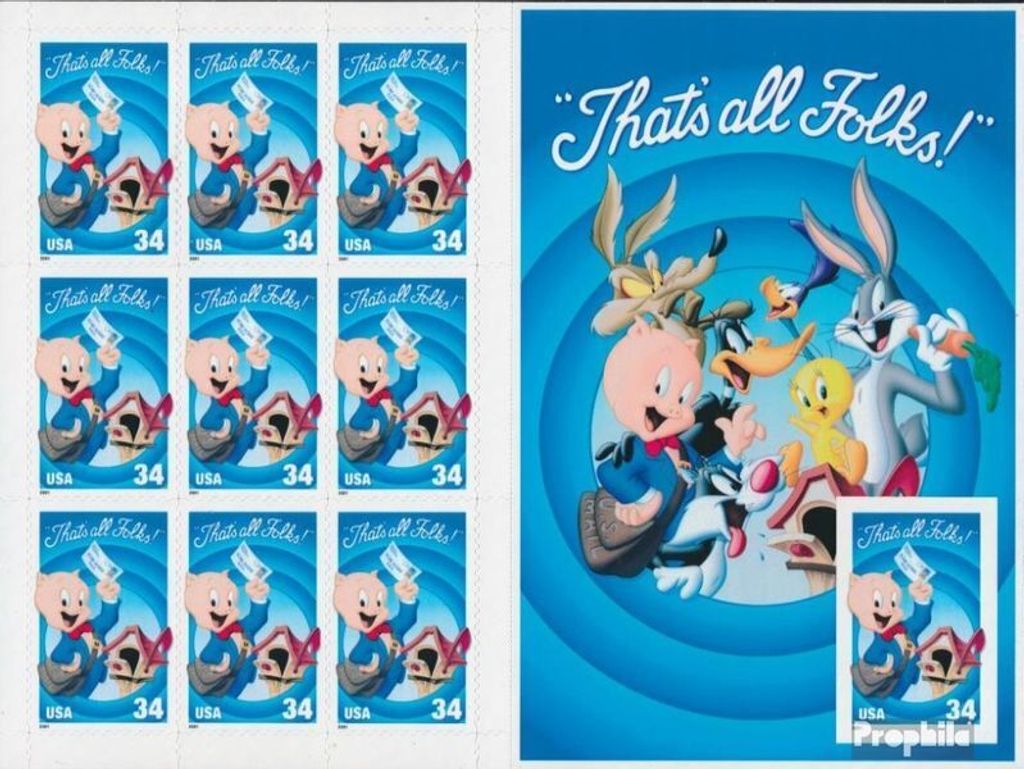 Briefmarken USA 2001 Mi 3493B/BA Folienblatt (kompl.Ausg.) postfrisch Comicfigur- Schweinchen Dick