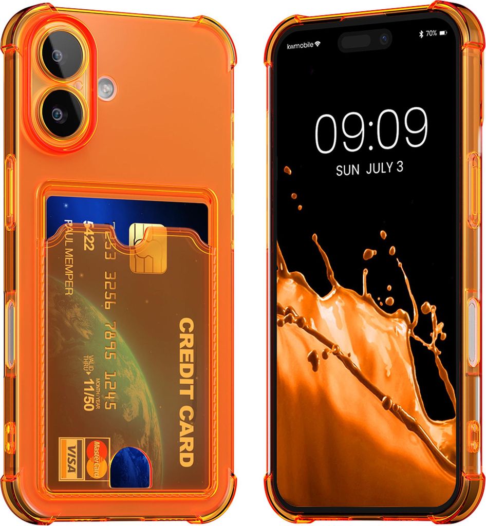 kwmobile Hülle mit Kartenfach kompatibel mit Apple iPhone 16 - Handyhülle iPhone 16 mit Kartenfach - Soft Case - Schutzhülle in Fruity Orange