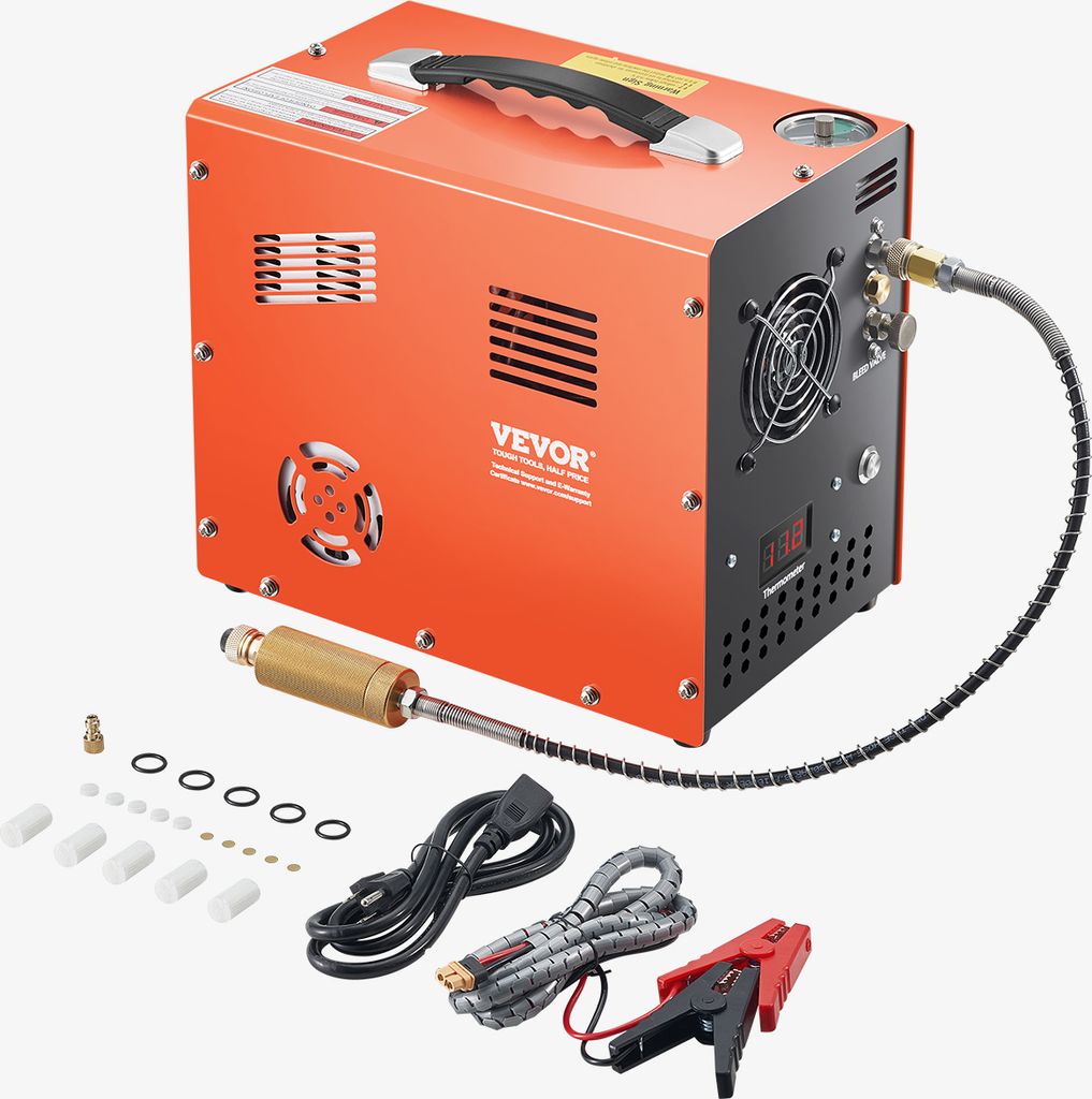 A VEVOR PCP air compressor and its accessories are displayed against a white background.