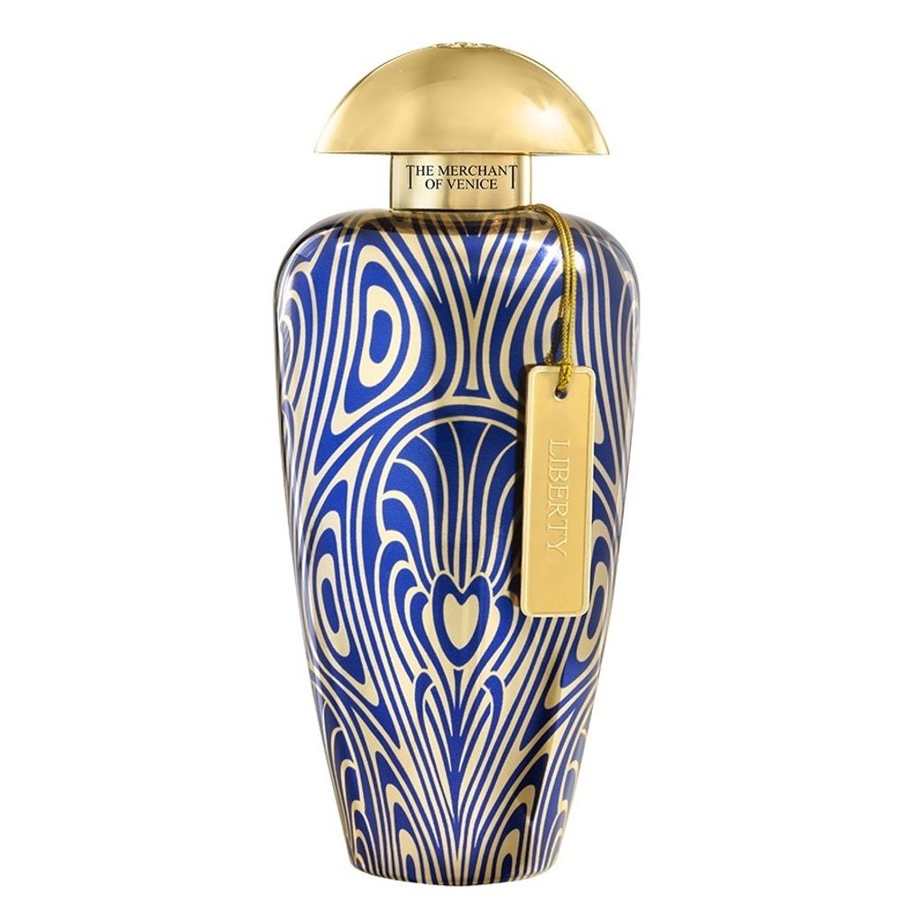 A perfume bottle with a blue and gold art deco pattern.