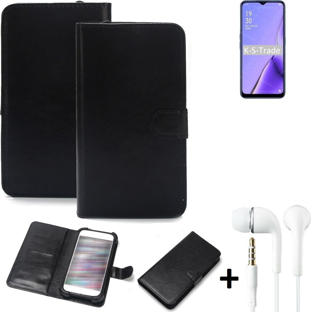 K-S-Trade Wallet Case Handyhülle kompatibel mit Oppo A11x Schutzhülle Flip cover Flipstyle Tasche Hülle Flipcover Slim Bumper schwarz + in ear