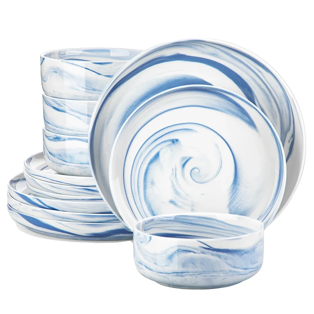 Service vaisselle porcelaine marbrée 24 pièces micro-ondes et lave-vaisselle