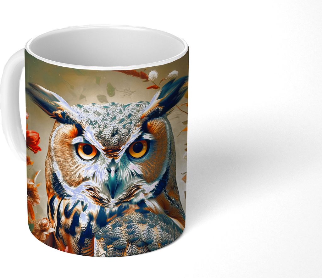 KitchenYeah Tasse Kaffeetasse Kaffeebecher 350 ml Eule - Vogel - Blumen - Botanisch Teetasse - Fototasse - Becher - Keramikbecher - Teebecher - K...