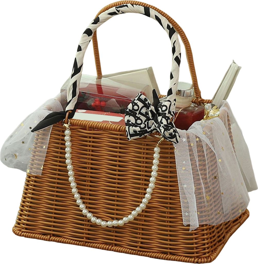 Handgefertigter offener Geschenkkorb, geflochtener Korb aus Kunstrattan, Partygeschenkkorb mit Griff, Aufbewahrungskorb für Hochzeits-Brautjungfer...
