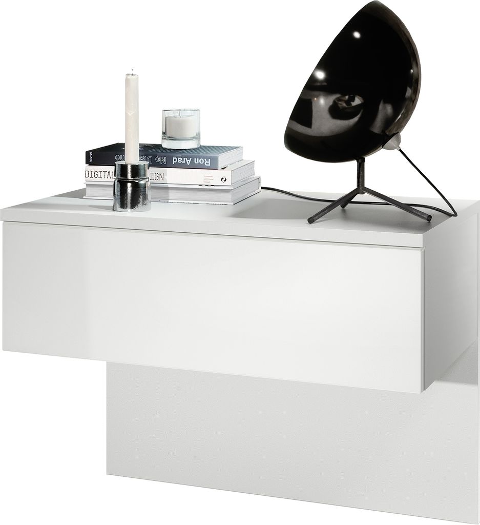 Vladon Nachttisch Sleep, Germany, Nachttischschrank mit Schublade zur Wandmontage, Weiß matt/Weiß matt (60 x 46 x 35 cm)