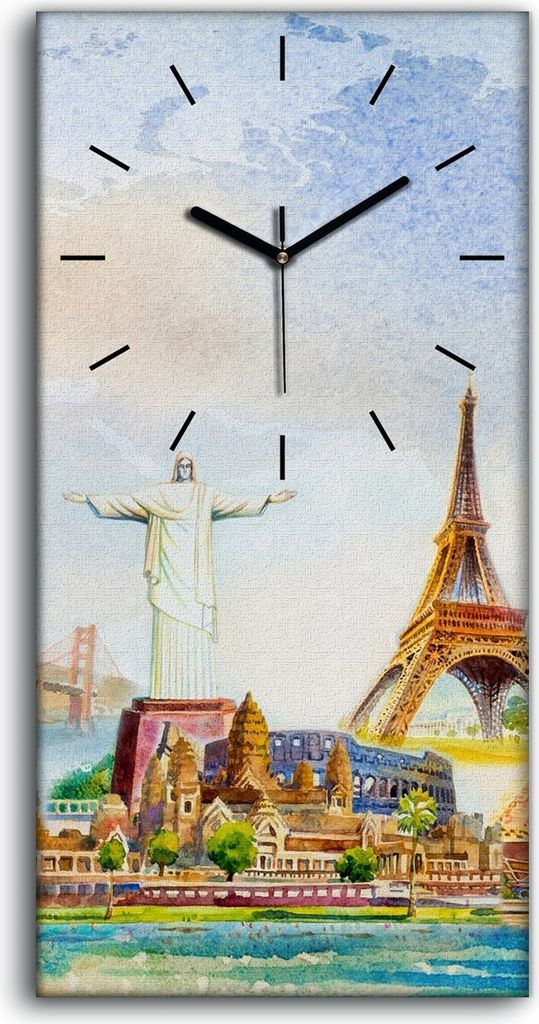 Wanduhr Bürouhr Leinwand Bild 30x60 Gemälde Geschichte Kultur Karte Gebäude - schwarze Hände