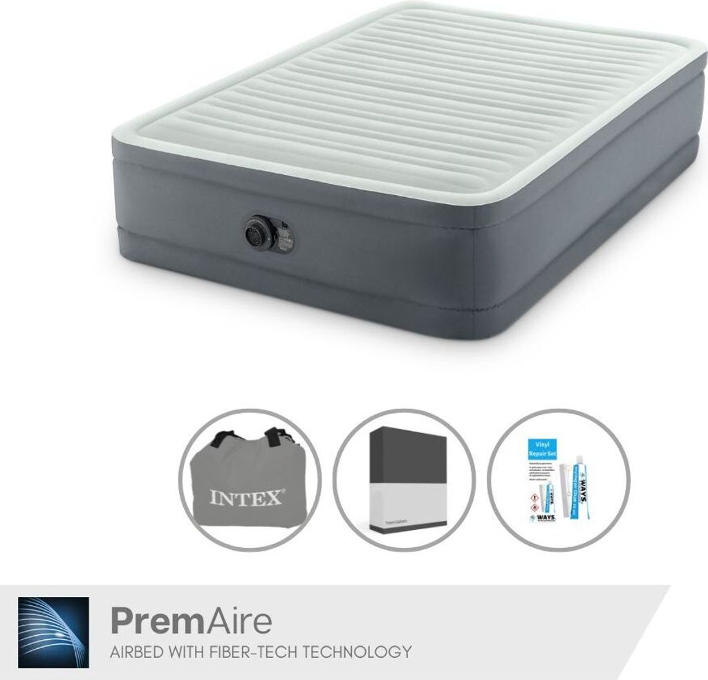 Intex Luftbett - 2 Personen- 137 x 191 x 36 cm - Grau - Mit elektrischer Pumpe, Spannbettlaken Schwarz en Reperaturset