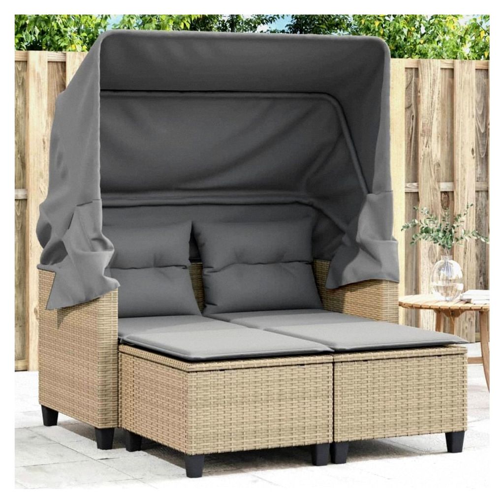 Gartensofa mit Dach und Hockern, 2-Sitzer, Gartenlounge, Sonnenliege, Gartenmöbel, Terrassenmöbel, Beige Poly Rattan