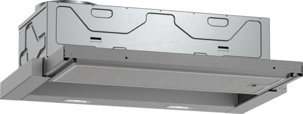 A close-up, angled view of a stainless steel range hood.