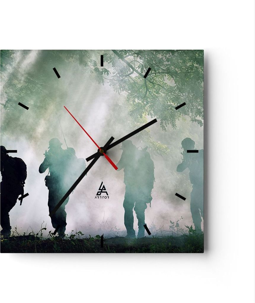 Wanduhr - Quadrat - Glasuhr - Soldat Gewehr - 40x40cm - Schleichendes Uhrwerk - Lautlos - zum Aufhängen bereit - Dekoration Modern - Wanddekoratio...