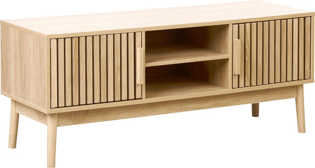 BELIANI TV-Möbel Hellbraun Holz u. MDF-Platte Holzoptik Lamellen-Optik Niedrig mit Kabelführung 2 Türen 2 Regalen Skandi Wohnzimmer TV-Schrank L...