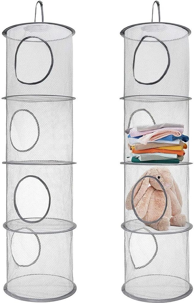 Two hanging storage organizers are shown side-by-side against a white background. The organizer on the right is partially filled with folded clothes and a stuffed animal.