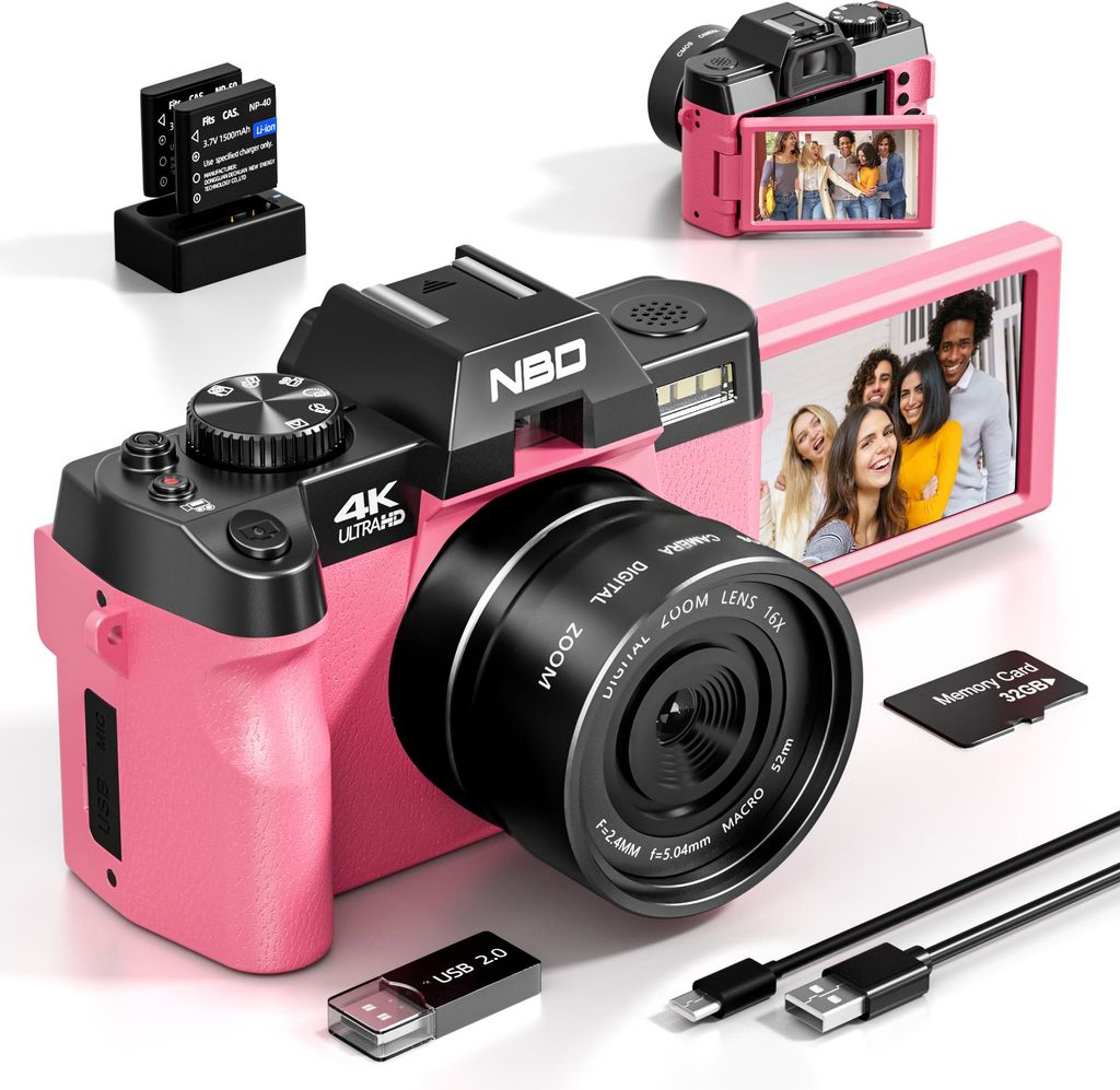 NBD 4K-Video Digitalkamera 48MP – Vlog-Kamera mit 3-Zoll-180°-Touchscreen & manuellem Fokus. USB-PC-Modus für Live-Streaming, HDMI-Ausgang.