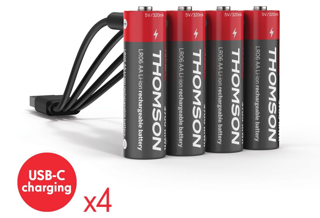Satz mit 4 AA / LR06 Li-Ion 1.5V USB-C Akkus mit Multi-USB-Kabel - 520300 - Thomson