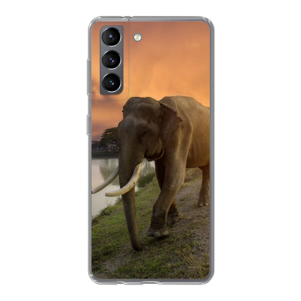 MuchoWow Handyhülle Schutzhülle Hülle für Samsung Galaxy S21 Elefant - Wasser - Tiere - Sonnenuntergang - Natur Silikon Softcase Handy Hülle...