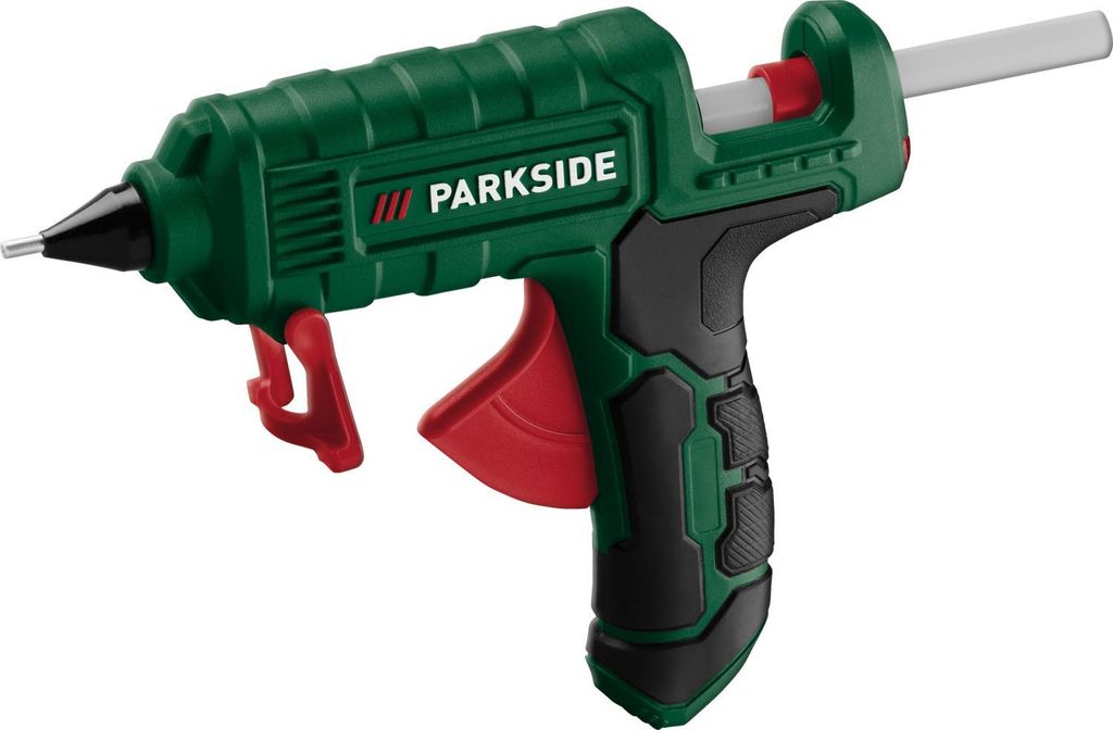 A studio shot of a green and black hot glue gun with a red trigger, set against a white background.