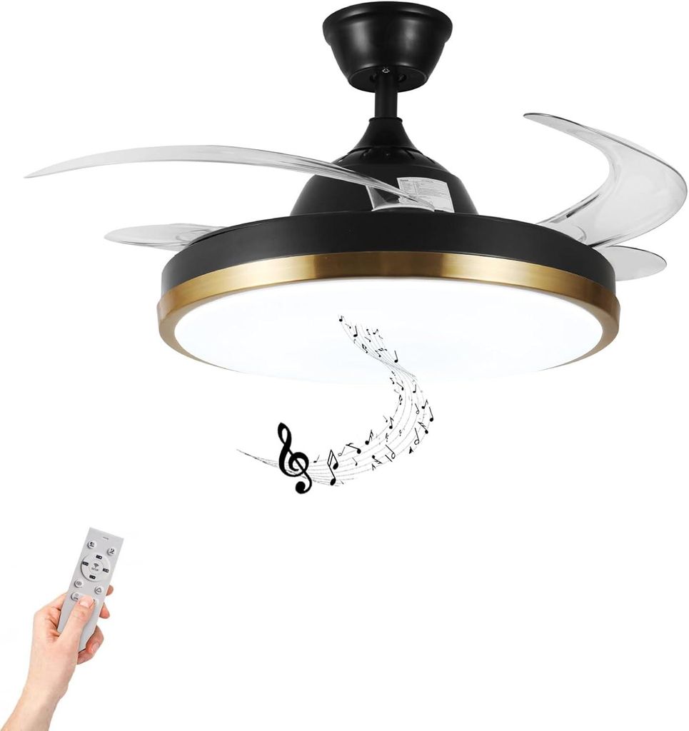 Horevo Smart Retractable Deckenventilator Leuchten Bluetooth -Lautsprecher - 24 W, Farbwechsel, Alexa Google App Control Black Gold