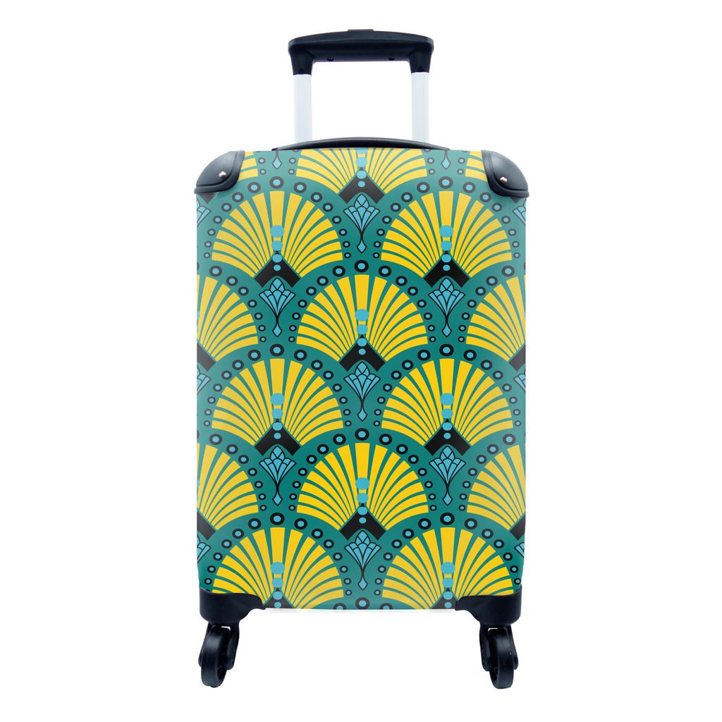 MuchoWow Koffer Handgepäck Trolley Rollkoffer Kleine Reisekoffer mit 4 Rollen - Art Deco - Muster - Blau - Gelb - Cabin Size < 55x40x23 cm & 55x...