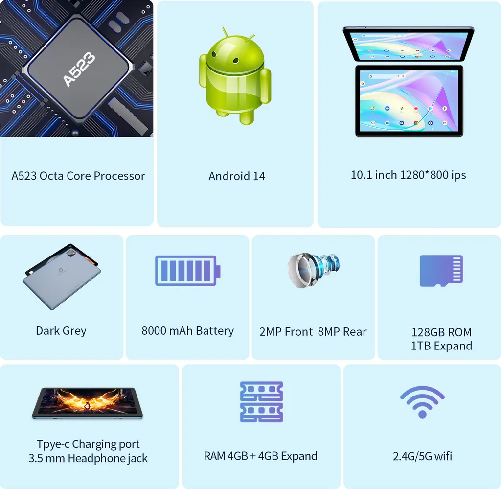 Tablette Tactile 10 Pouces Pack Bureau Complet avec Android 14 et 128Go - 4
