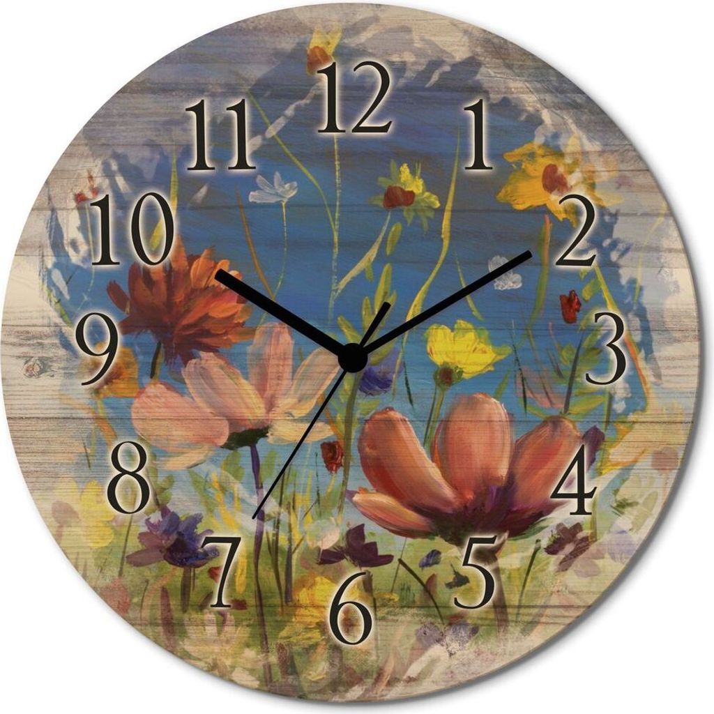 ARTland Holz Wanduhr Funkuhr - schwarzer Zeiger Wildblumenwiese blauer Himmel Größe: 30x30 cm