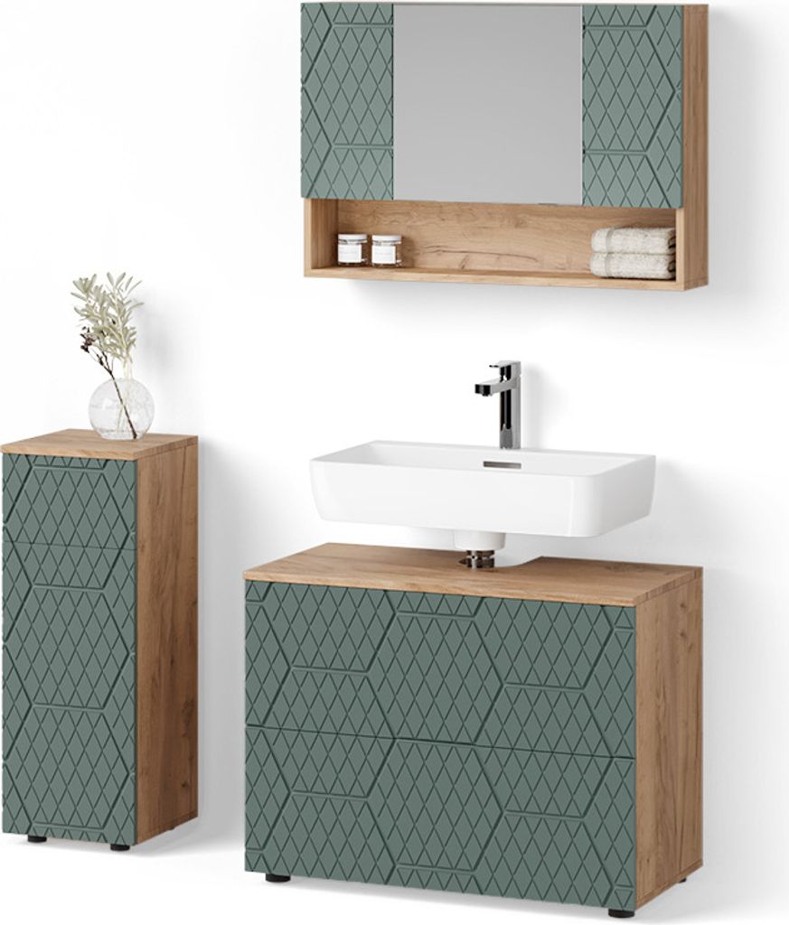 Badmöbel-Set Livinity Ronco Grün/Goldkraft Eiche 3 Teile, mit Schubladenschrank und Midischrank, Model 52940