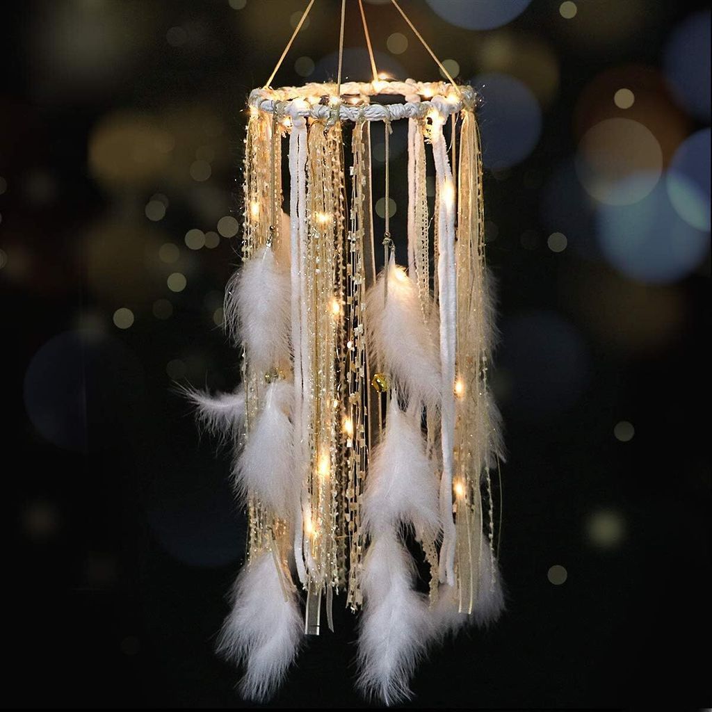 Traumfänger-Mobile, groß, leuchtende Traumfänger mit goldener, glänzender Spitze und Glöckchen, LED-Lichterkette, batteriebetriebene hängende...
