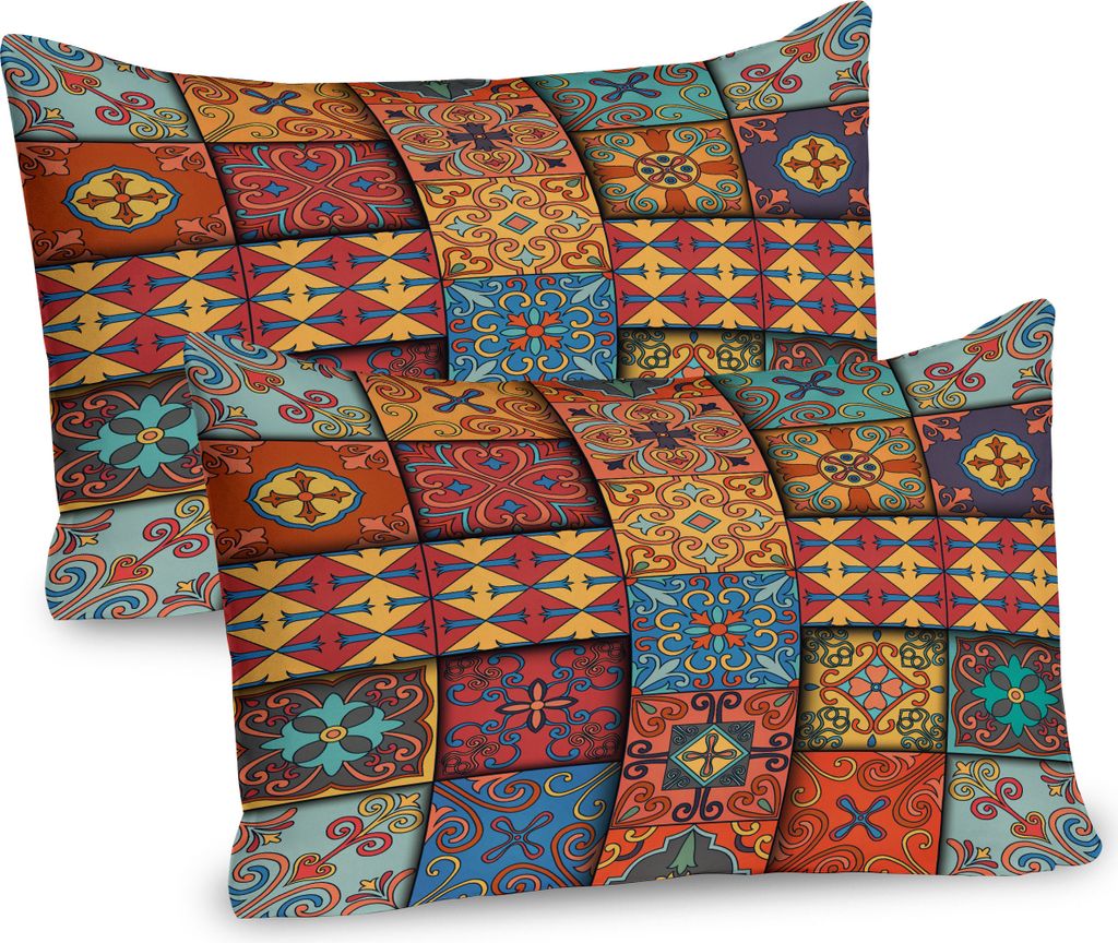 ABAKUHAUS Talavera Kissenbezug Packung mit 2, Bunte Maßblick Tile Squares Illustration in Ethnic Azulejo Stil, Dekorativer Gedruckter Kissenbezug,...