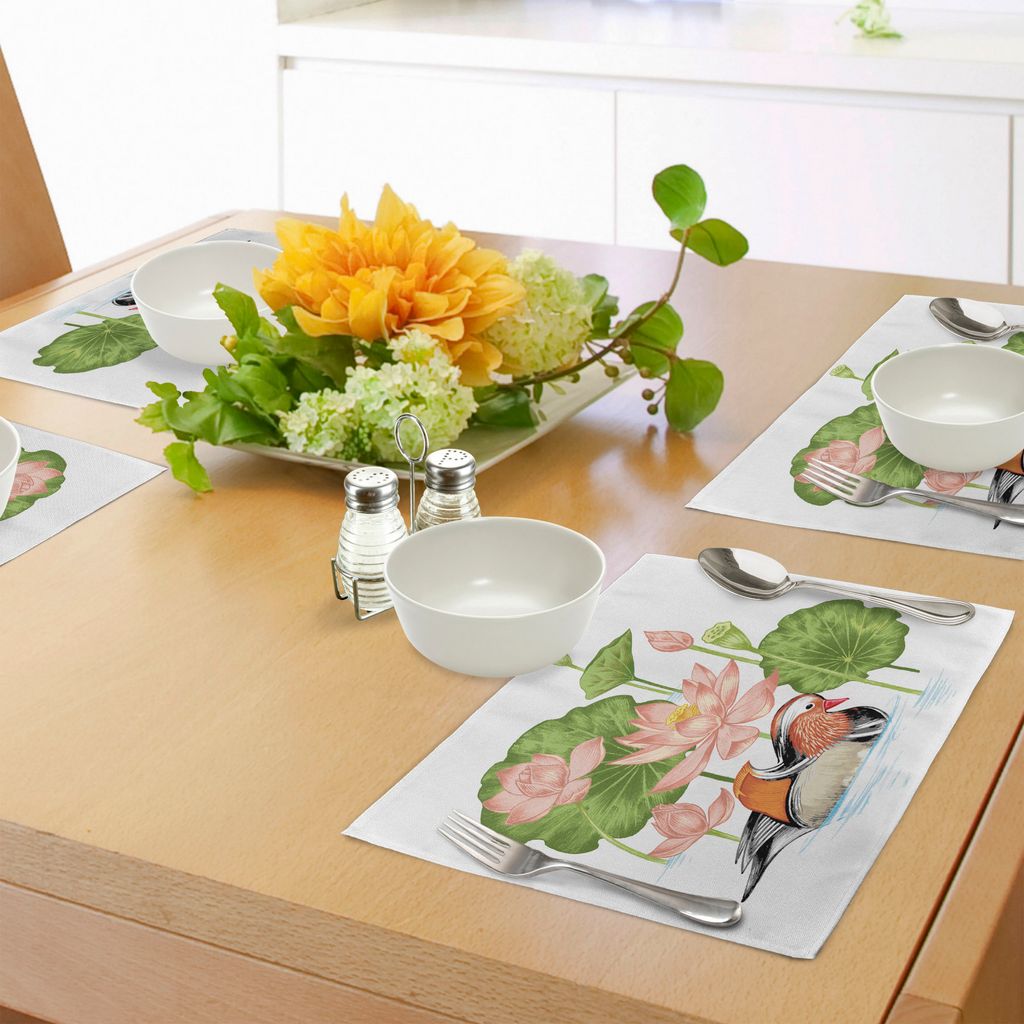 ABAKUHAUS Badeente Platzmatten, Baby-Mandarine-Entlein im Teich mit Lotus Lily Flowers Water Painting, Tiscjdeco aus Farbfesten Stoff für das Essz...