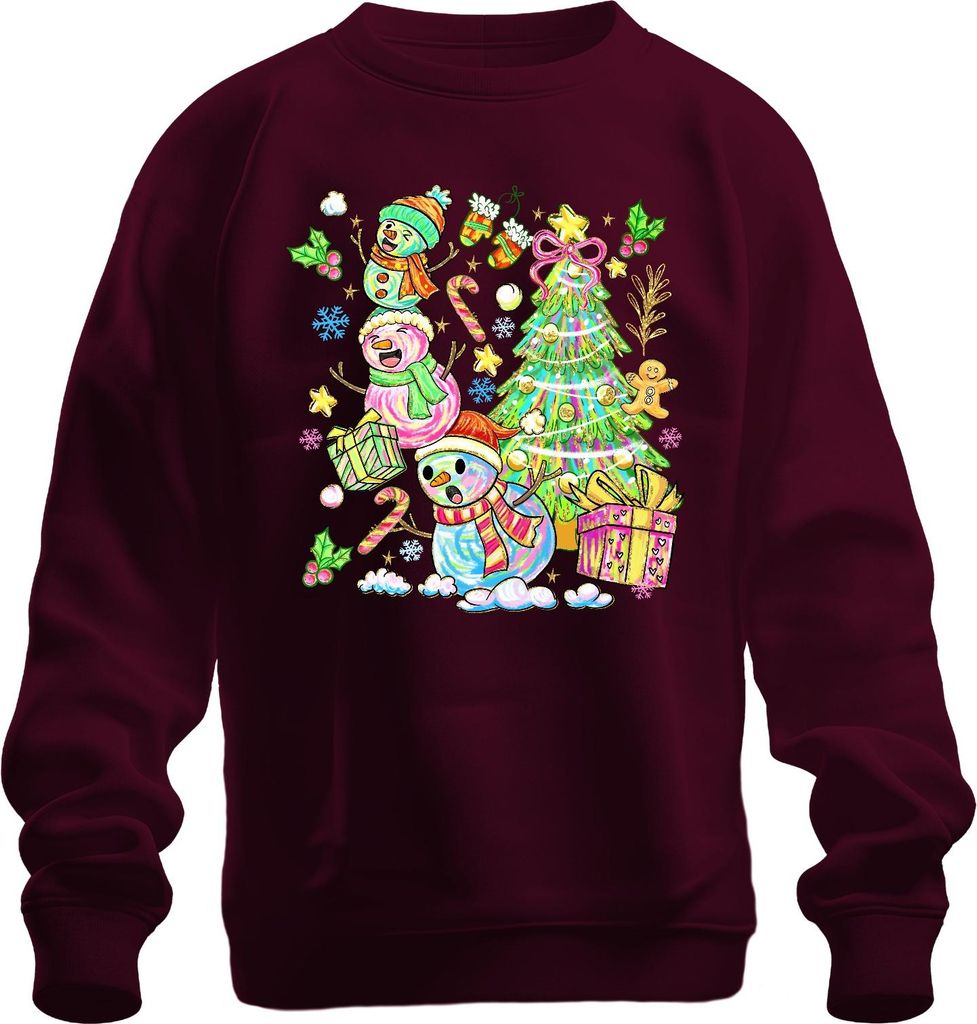 Weihnachten Schneemann Tannenbaum Zuckerstange Lebkuchen bunt Uni Sweatshirt Pullover, Burgundy, XL
