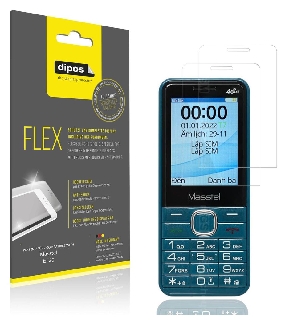 2x Schutzfolie für Masstel Izi 26 Folie, 100% Displayabdeckung, dipos Flex