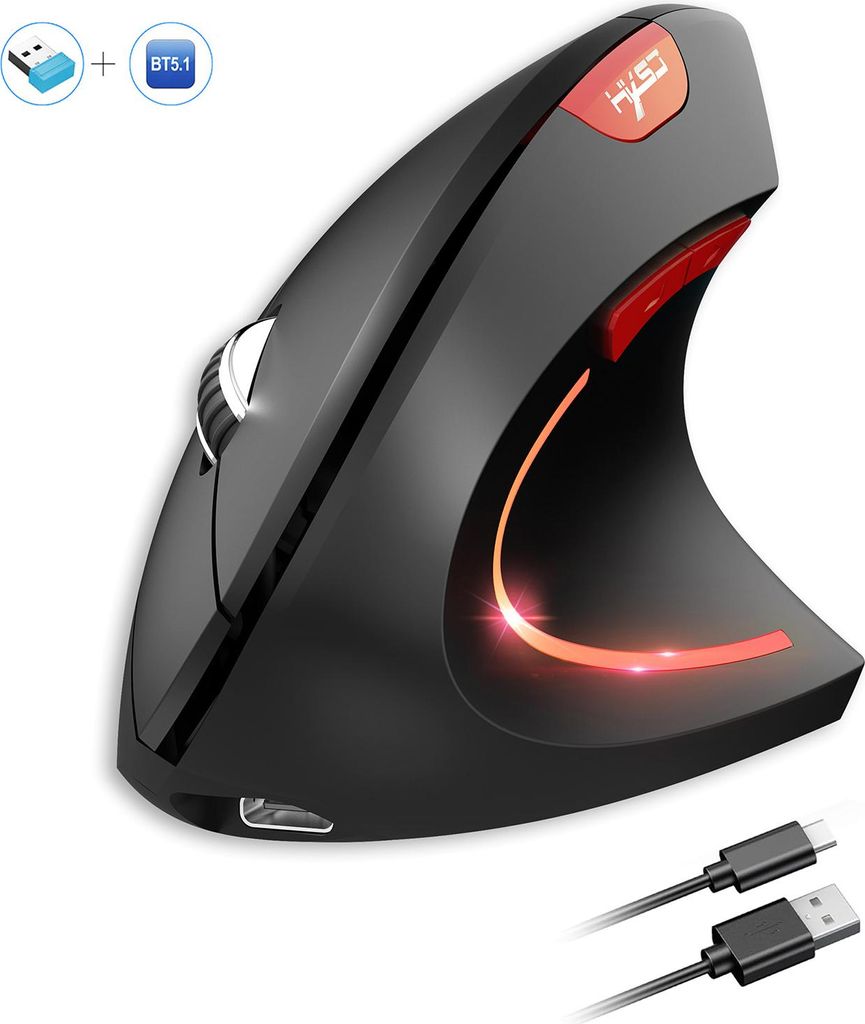 Ergonomische kabellose vertikale Maus 2.4 G+BT5.1 Two-mode Verbindung 2400DPI Silent Design Schwarz