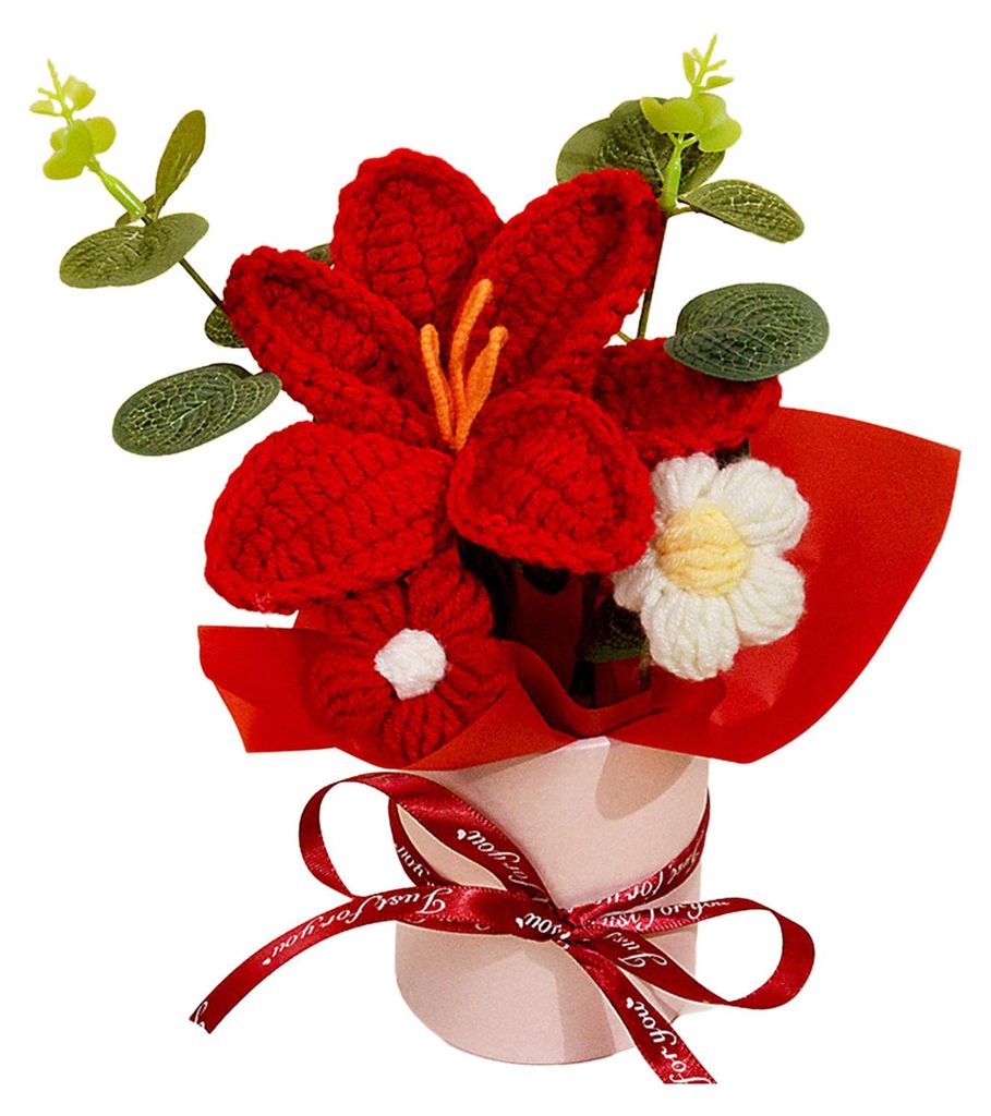 Handgehäkelter Blumenstrauß, handgefertigt, künstlich gestrickt, mit Sonnenblumen, Nelken, Tulpen und Pusteblumen – ein Geschenk für Mutter u...